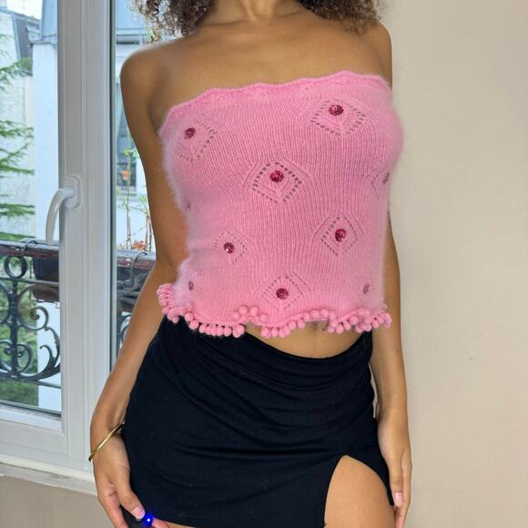 Italian Vintage baby pink knit angora top with sequins embellishments (XS/S) - Picture 6 of 13